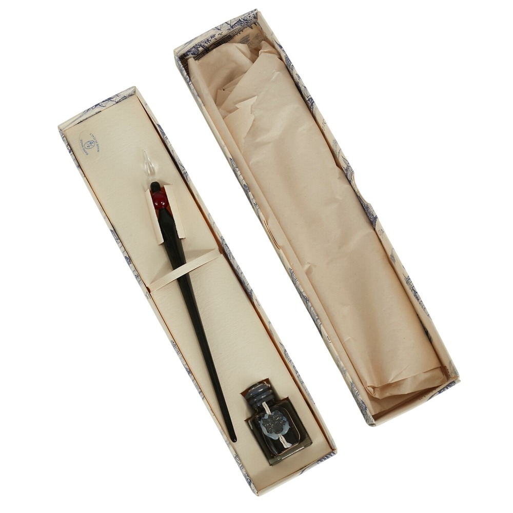 Murano Glass Dip Pen Writing Set Handmade Italy Black‎ Red Ink Boxed Gift Set